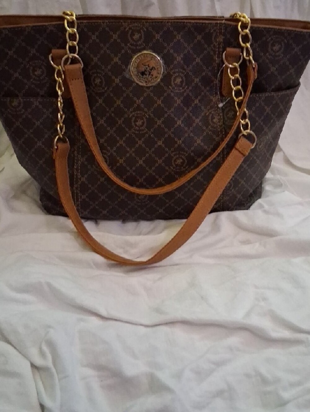 Beverly Hills Polp Club Designer-Style Brown Tote Bag with Tan Leather Trim